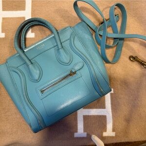 Celine Small Satchel in Turquoise Leather with Detachable Strap